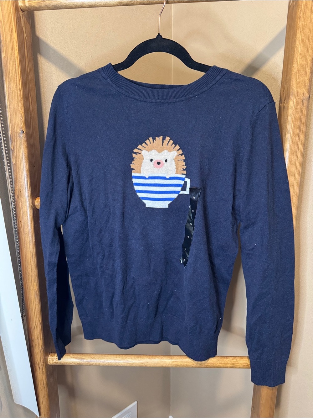 Navy Long-Sleeve Sweater with Hedgehog Cup Motif